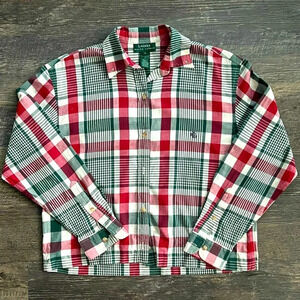 Lauren Ralph Lauren Wide Cropped Cotton Button Down Red Green Plaid Small